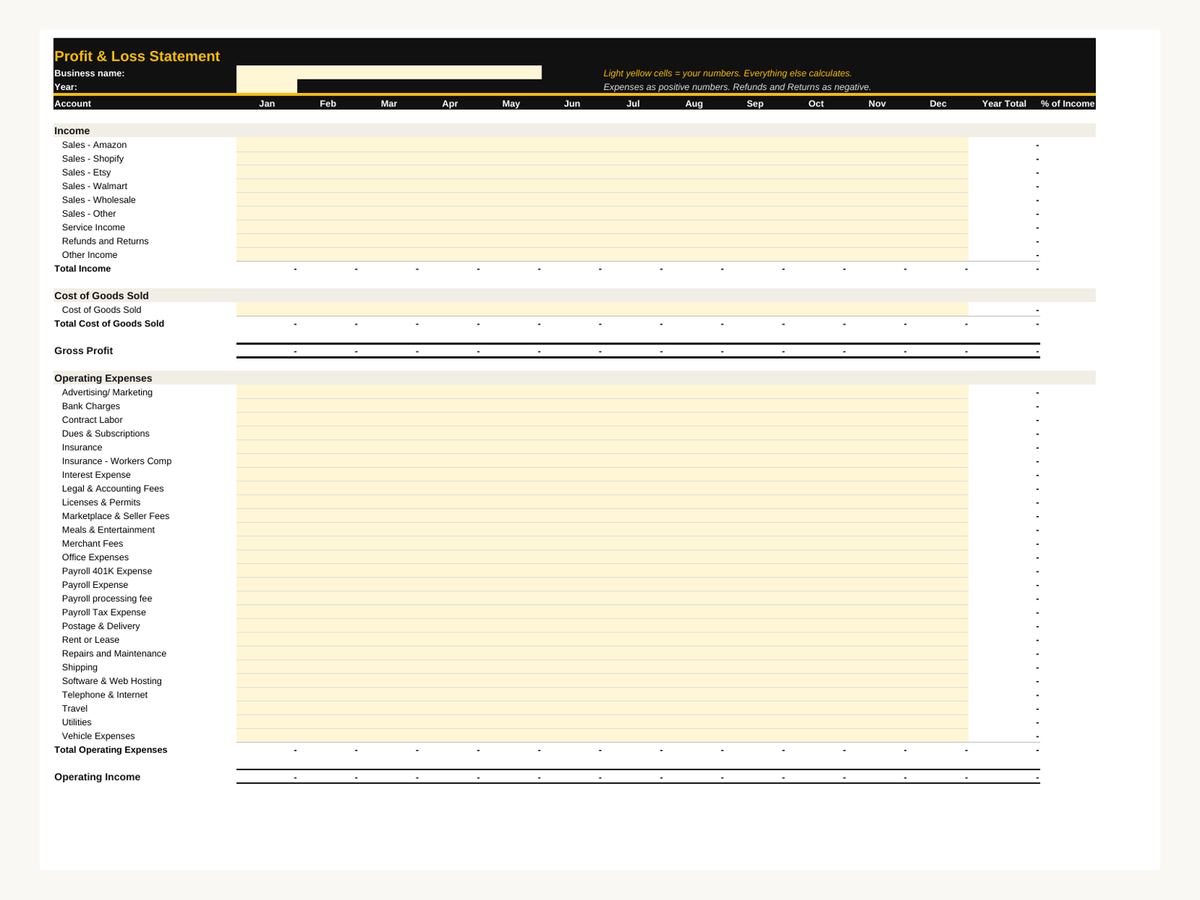Free Blank P&L Template (Excel / Google Sheets)
